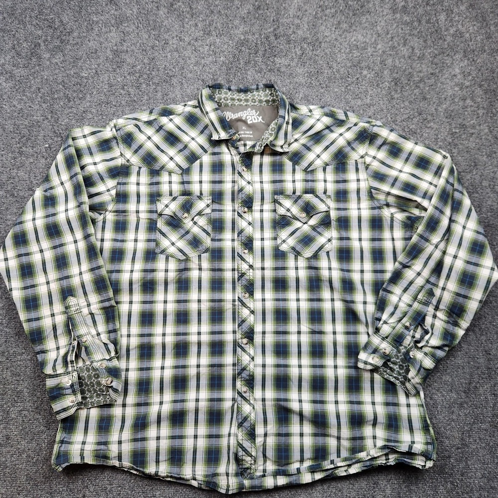 Wrangler 20X Shirt Mens‎ XL Blue Plaid Western Pearl Snap Long Sleeve Cowboy
